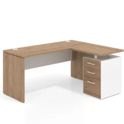 Mesa de Escritorio con cajones en L Work Plus, ala corta, fondo 60, frontales melamina estructura naturale
