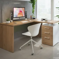 Mesa de Escritorio con cajones en L Work Plus, ala corta, fondo 60, frontales melamina estructura naturale