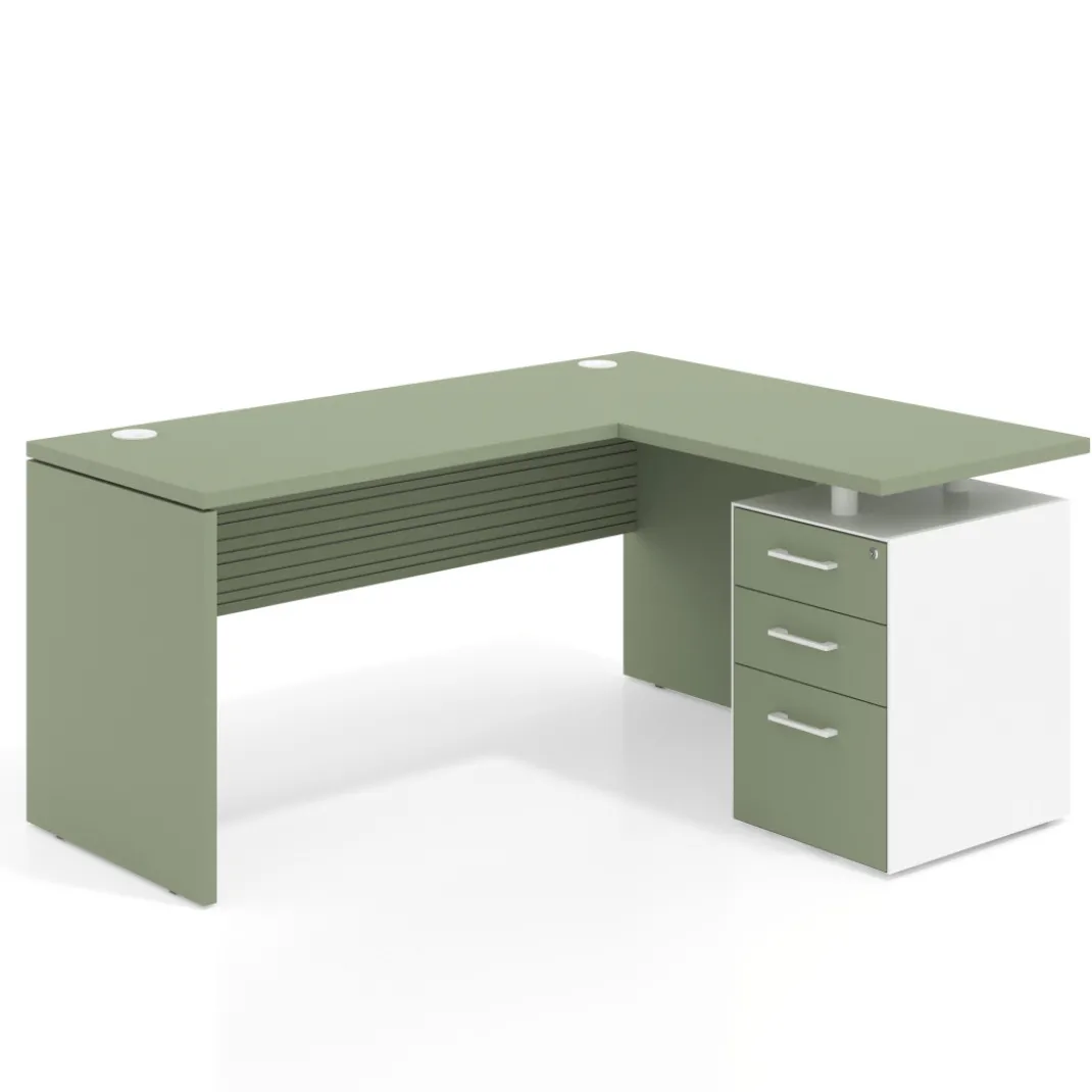 Mesa de Escritorio con cajones en L Work Plus, ala corta, fondo 60, frontales melamina diseño rayado