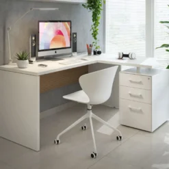 Mesa de Escritorio con cajones en L Work Plus, ala corta, fondo 60, frontales melamina diseño rayado