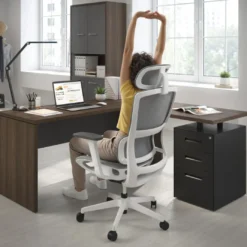 Mesa de Escritorio con cajones en L Work Plus fondo 60, frontales de metal estructura mistral