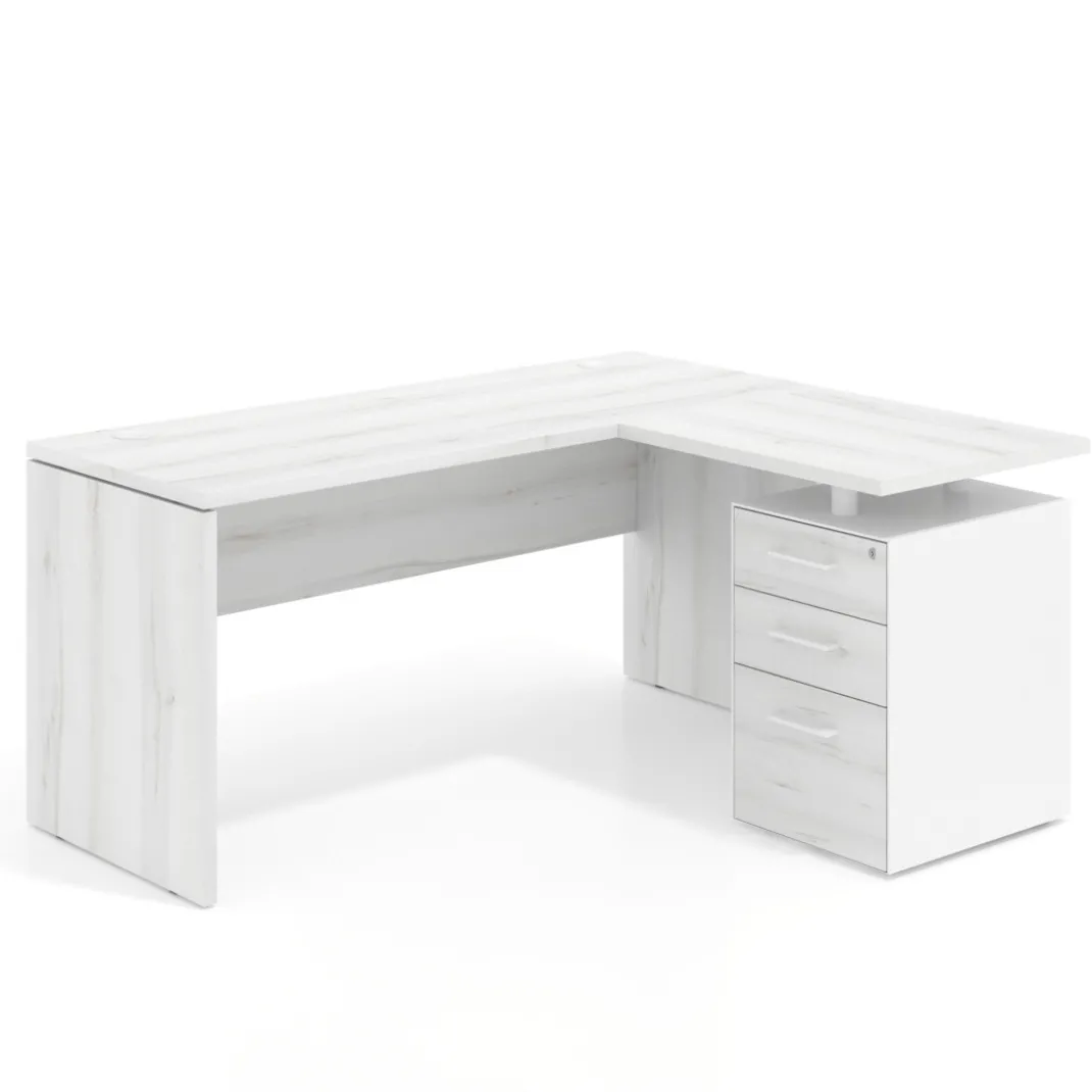 Mesa de Escritorio con cajones en L Work Plus, ala corta, fondo 60, frontales melamina diseño monocolor