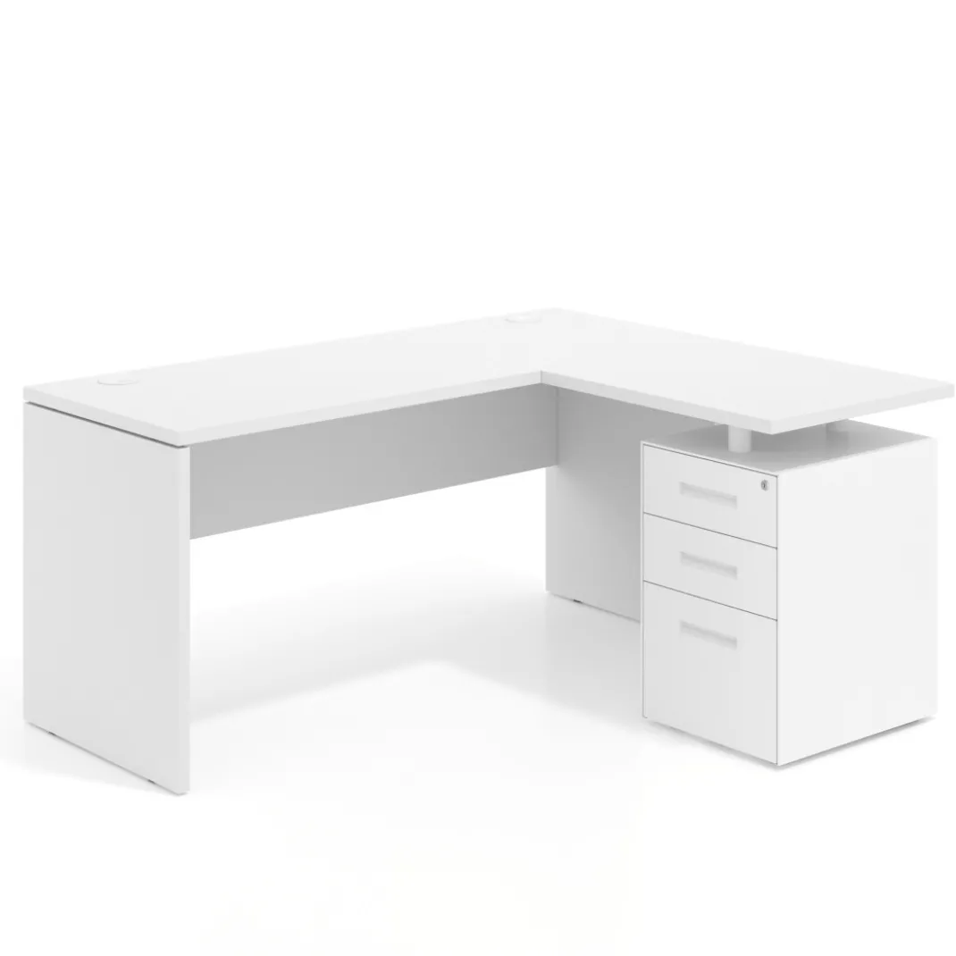 Mesa de Escritorio con cajones en L Work Plus, ala corta, fondo 60, frontales de metal diseño monocolor