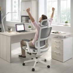 Mesa de Escritorio con cajones en L Work Plus fondo 60, frontales melamina estructura california