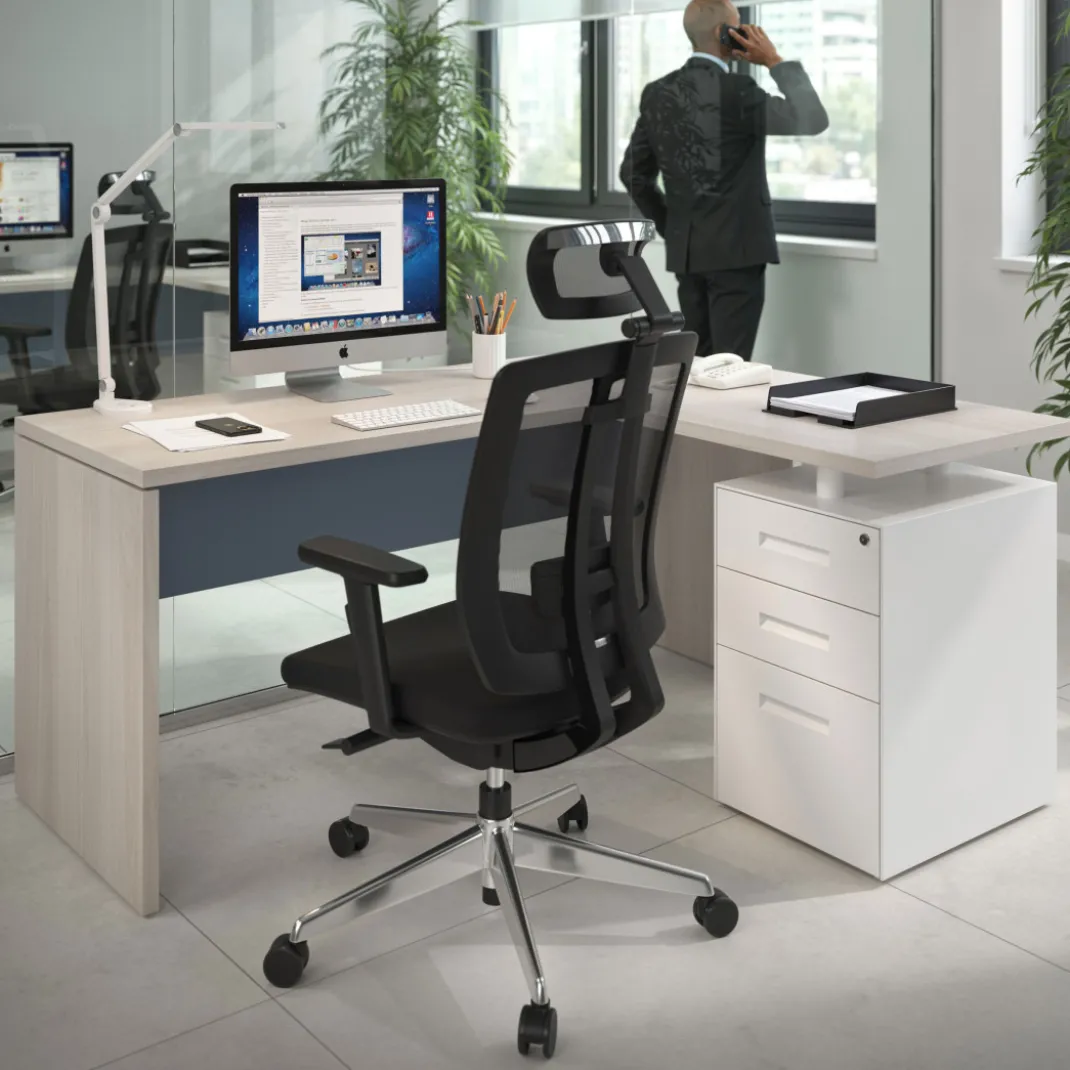 Mesa de Escritorio con cajones en L Work Plus, ala corta, fondo 60, frontales melamina estructura california