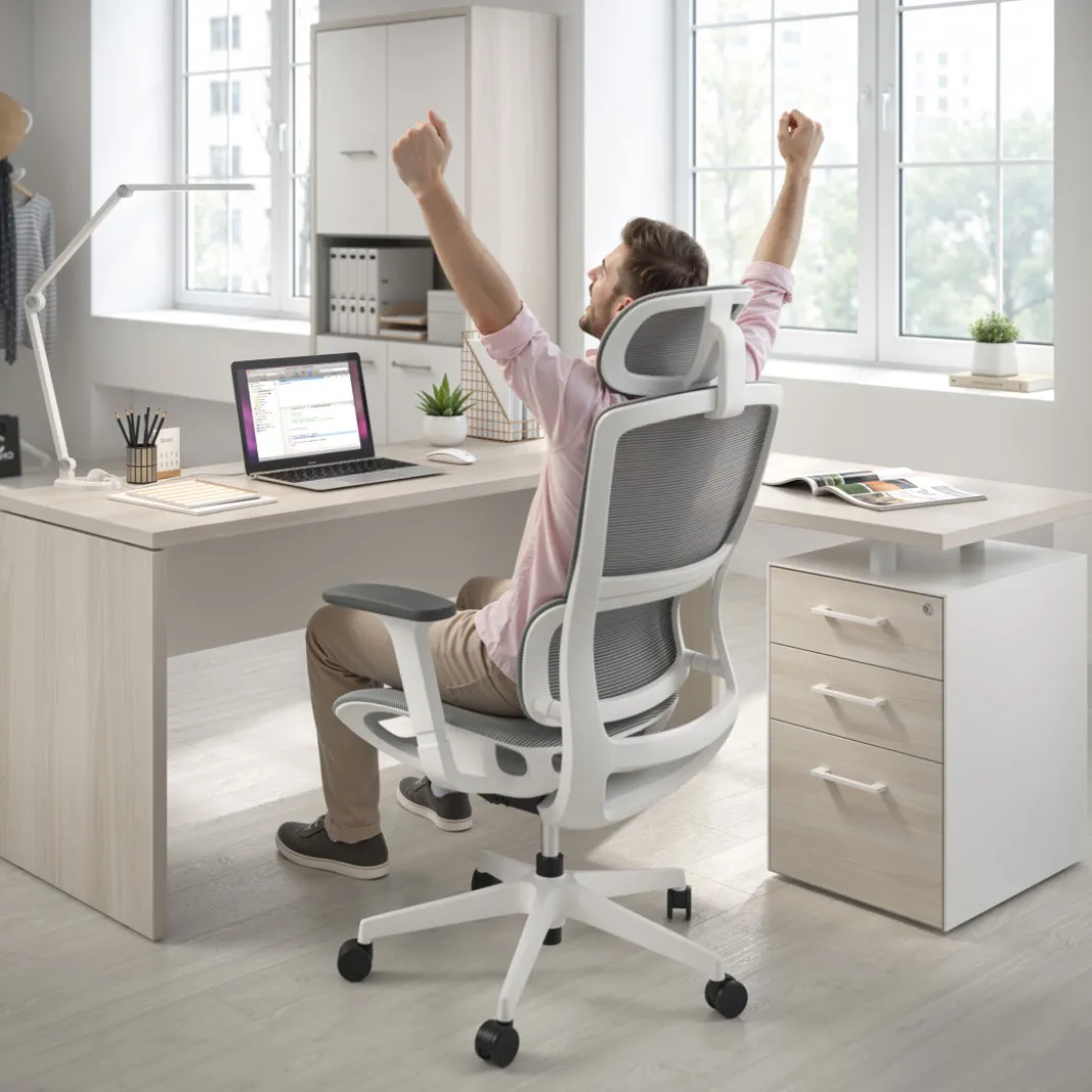 Mesa de Escritorio con cajones en L Work Plus fondo 60, frontales melamina estructura california