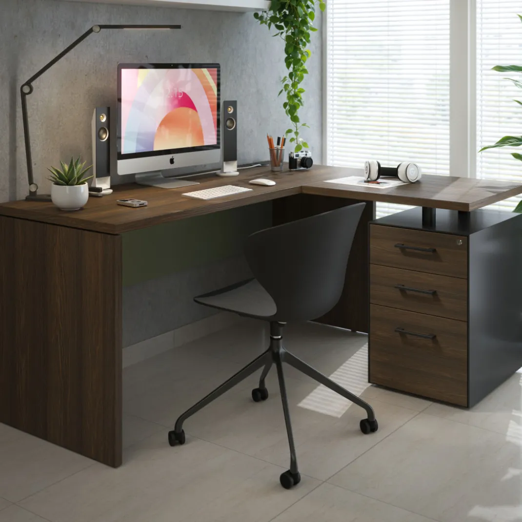 Mesa de Escritorio con cajones en L Work Plus, ala corta, fondo 60, frontales melamina estructura mistral