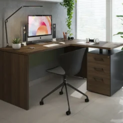 Mesa de Escritorio con cajones en L Work Plus fondo 60, frontales de metal estructura california