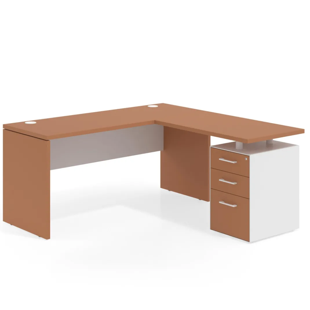 Mesa de Escritorio con cajones en L Work Plus fondo 60, frontales melamina diseño bicolor