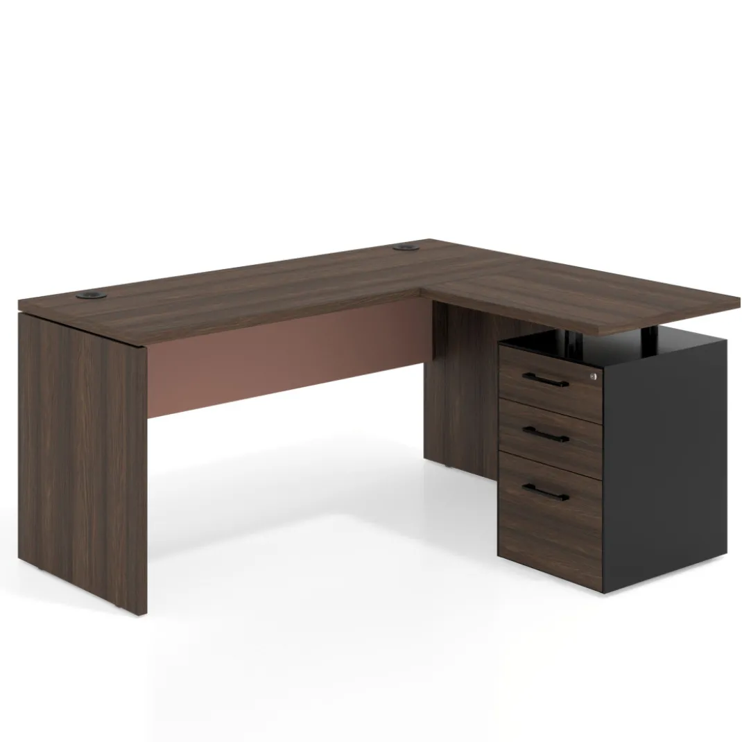 Mesa de Escritorio con cajones en L Work Plus fondo 60, frontales de metal estructura california