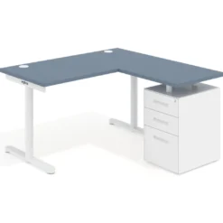 Mesa de Escritorio con cajones, fondo 68cm, estructura blanca, ala corta, pedestal metálico