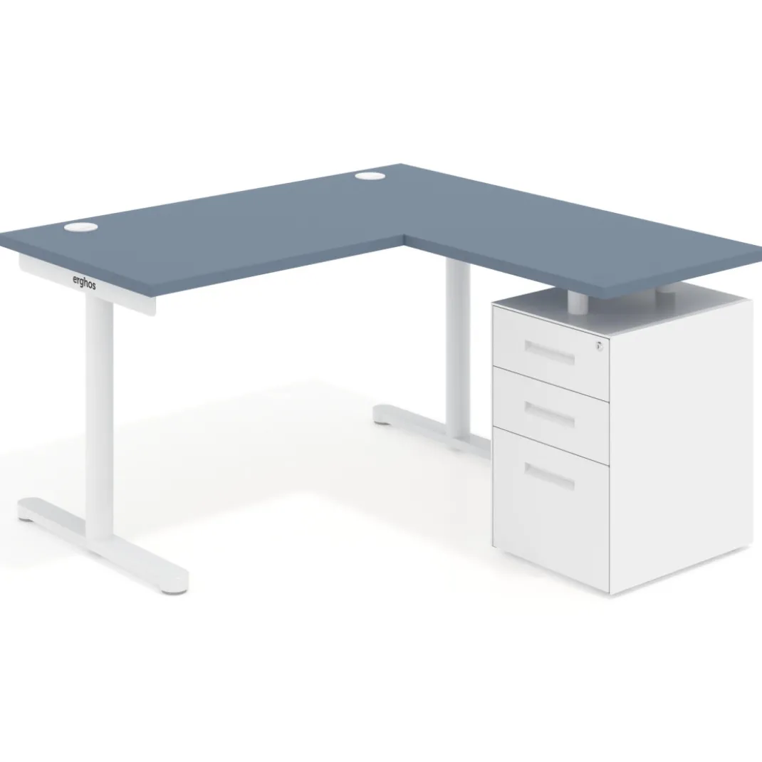 Mesa de Escritorio con cajones, fondo 68cm, estructura blanca, ala corta, pedestal metálico