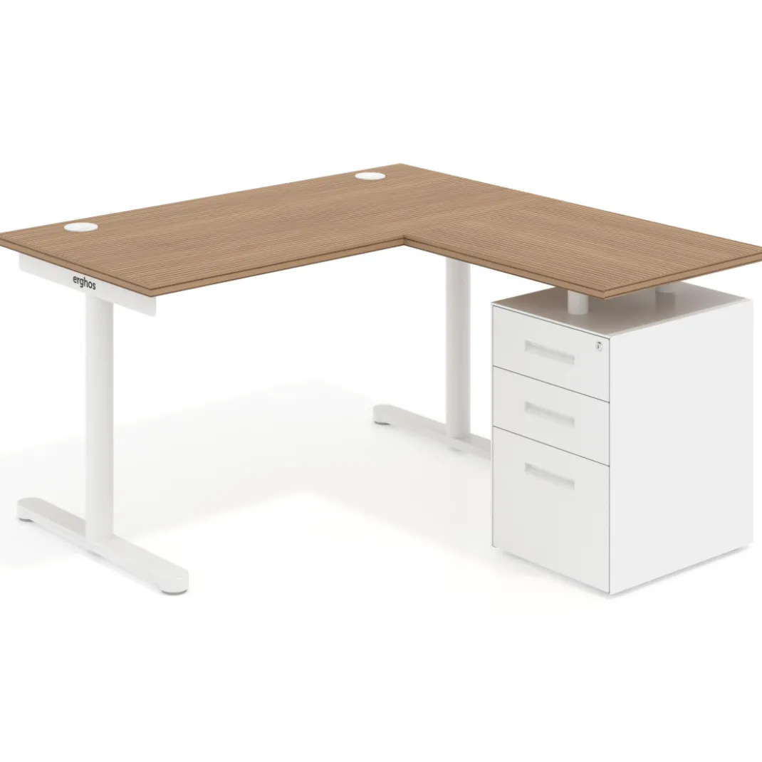 Mesa de Escritorio con cajones, fondo 68cm, estructura blanca, ala corta, pedestal metálico
