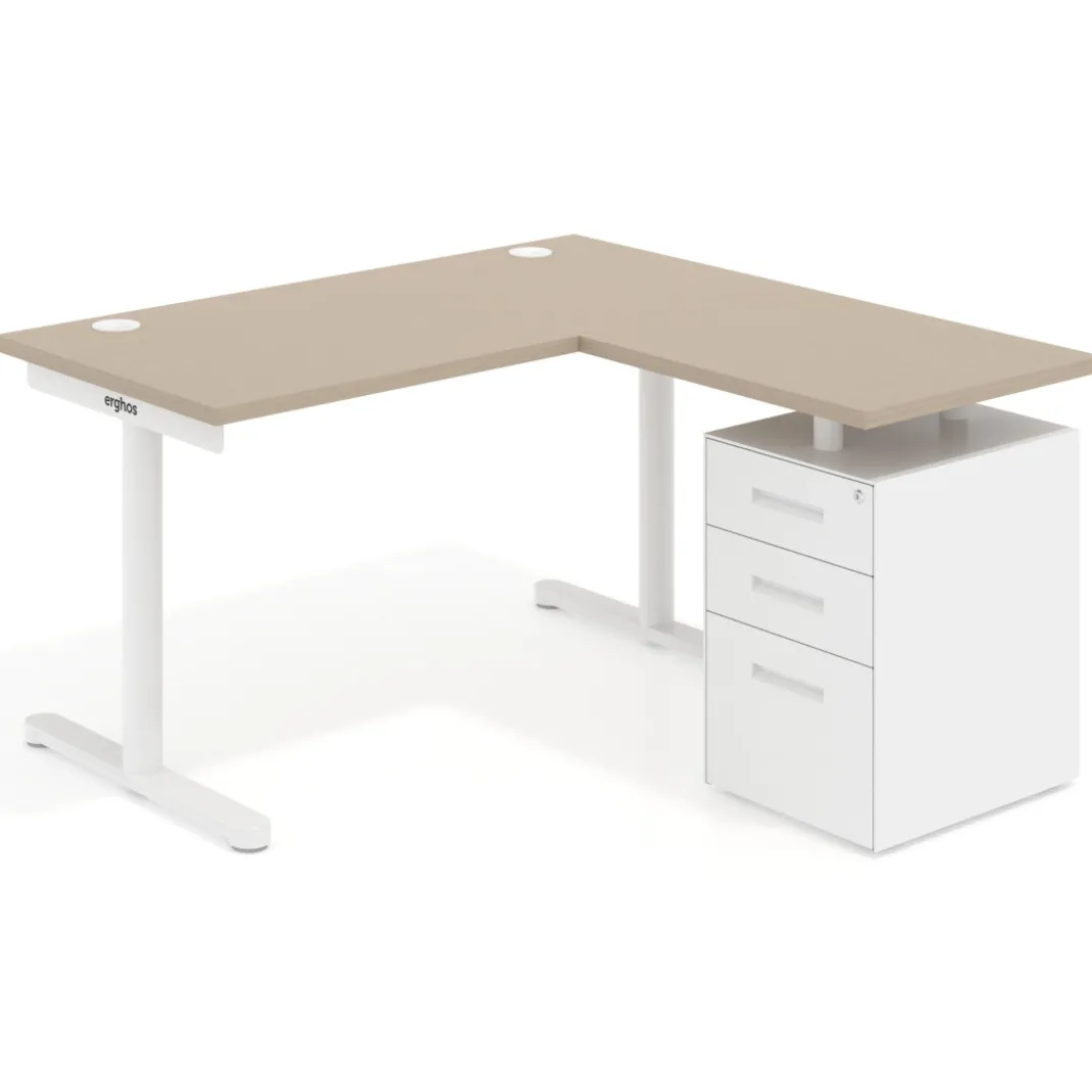 Mesa de Escritorio con cajones, fondo 68cm, estructura blanca, ala corta, pedestal metálico