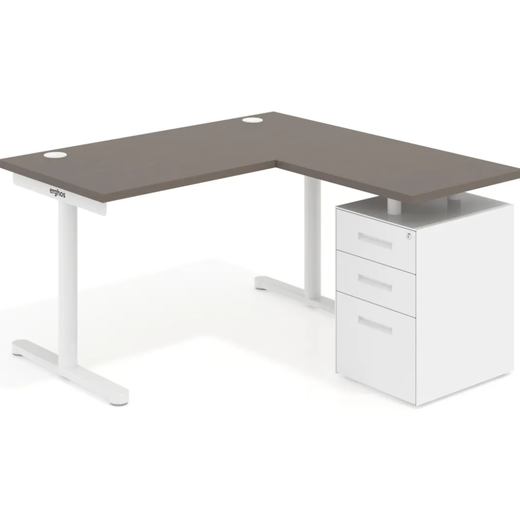 Mesa de Escritorio con cajones, fondo 68cm, estructura blanca, ala corta, pedestal metálico