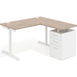 Mesa de Escritorio con cajones, fondo 68cm, estructura blanca, ala corta, pedestal metálico