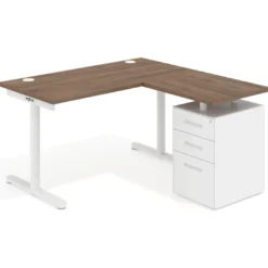 Mesa de Escritorio con cajones, fondo 68cm, estructura blanca, ala corta, pedestal metálico