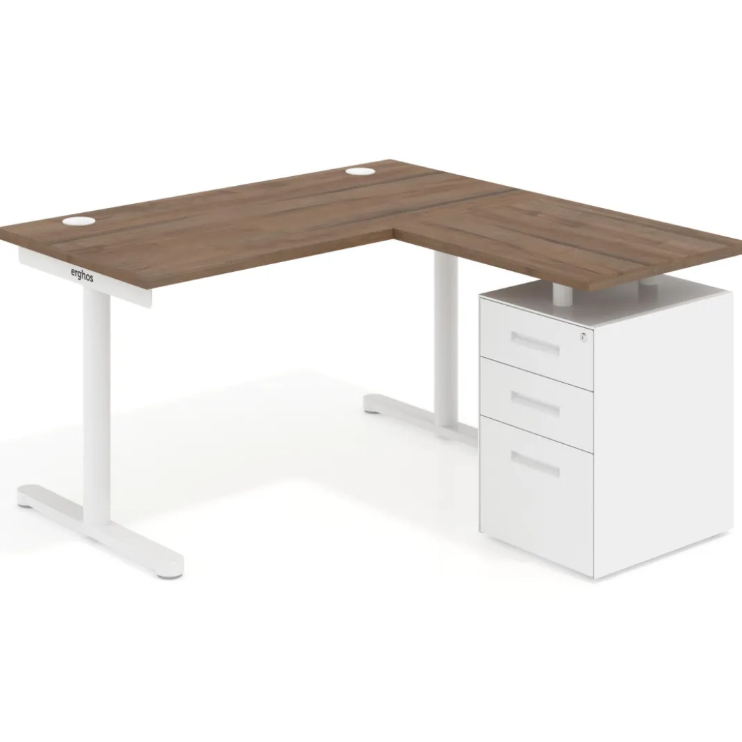 Mesa de Escritorio con cajones, fondo 68cm, estructura blanca, ala corta, pedestal metálico