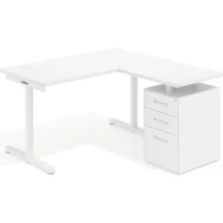 Mesa de Escritorio con cajones, fondo 68cm, estructura blanca, ala corta, pedestal metálico