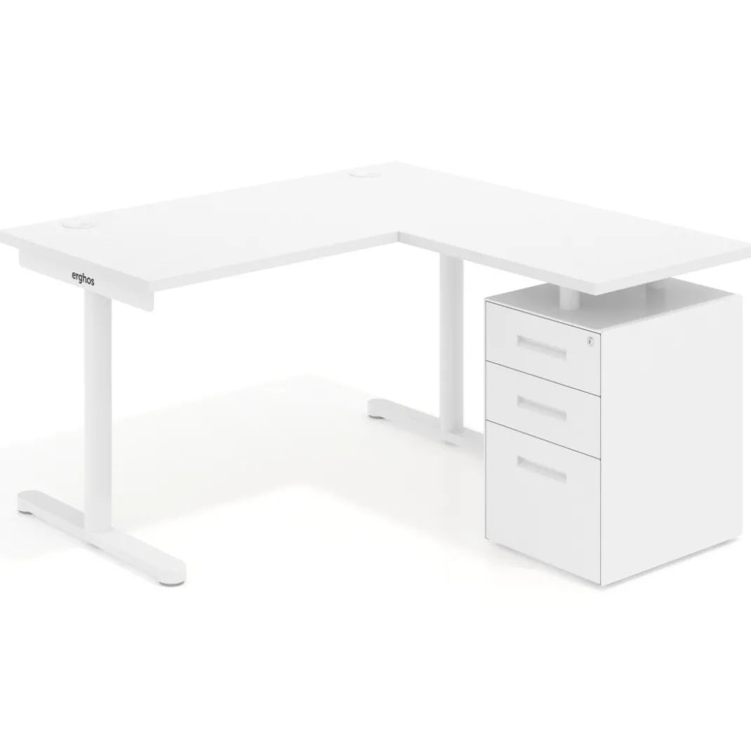 Mesa de Escritorio con cajones, fondo 68cm, estructura blanca, ala corta, pedestal metálico