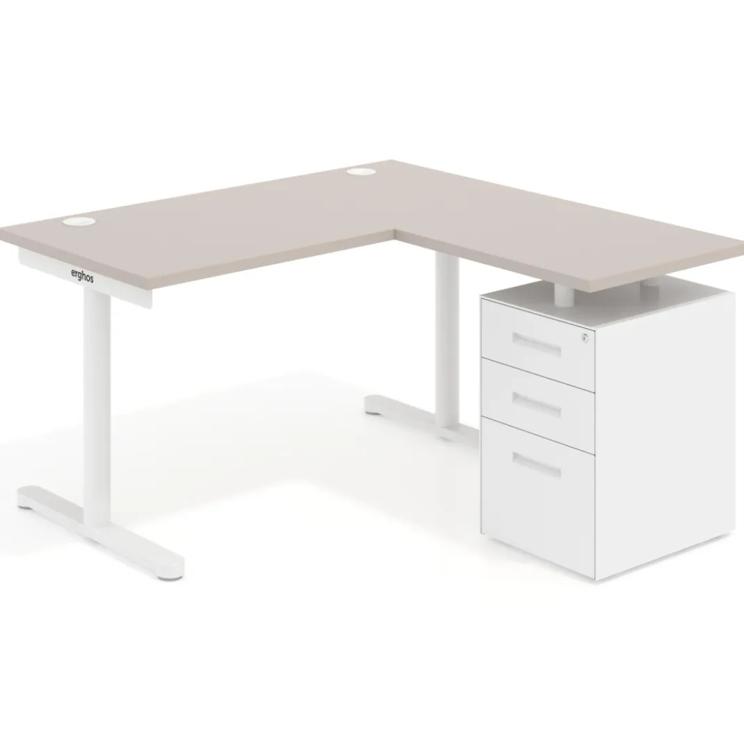 Mesa de Escritorio con cajones, fondo 68cm, estructura blanca, ala corta, pedestal metálico