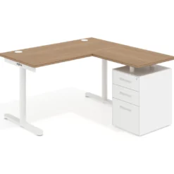 Mesa de Escritorio con cajones, fondo 68cm, estructura blanca, ala corta, pedestal metálico