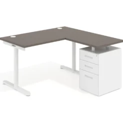 Mesa de Escritorio con cajones, fondo 68cm, estructura blanca, ala corta, pedestal metálico
