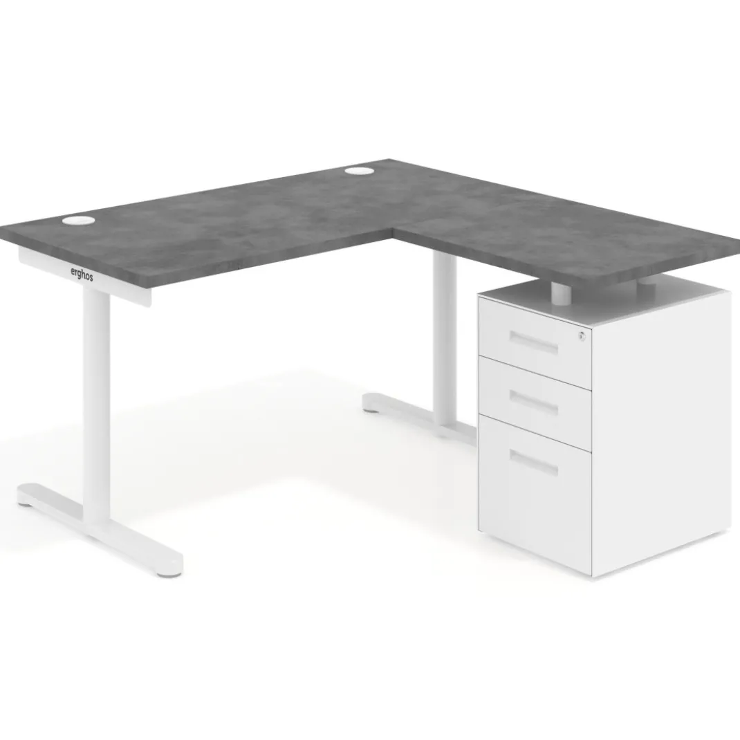 Mesa de Escritorio con cajones, fondo 68cm, estructura blanca, ala corta, pedestal metálico