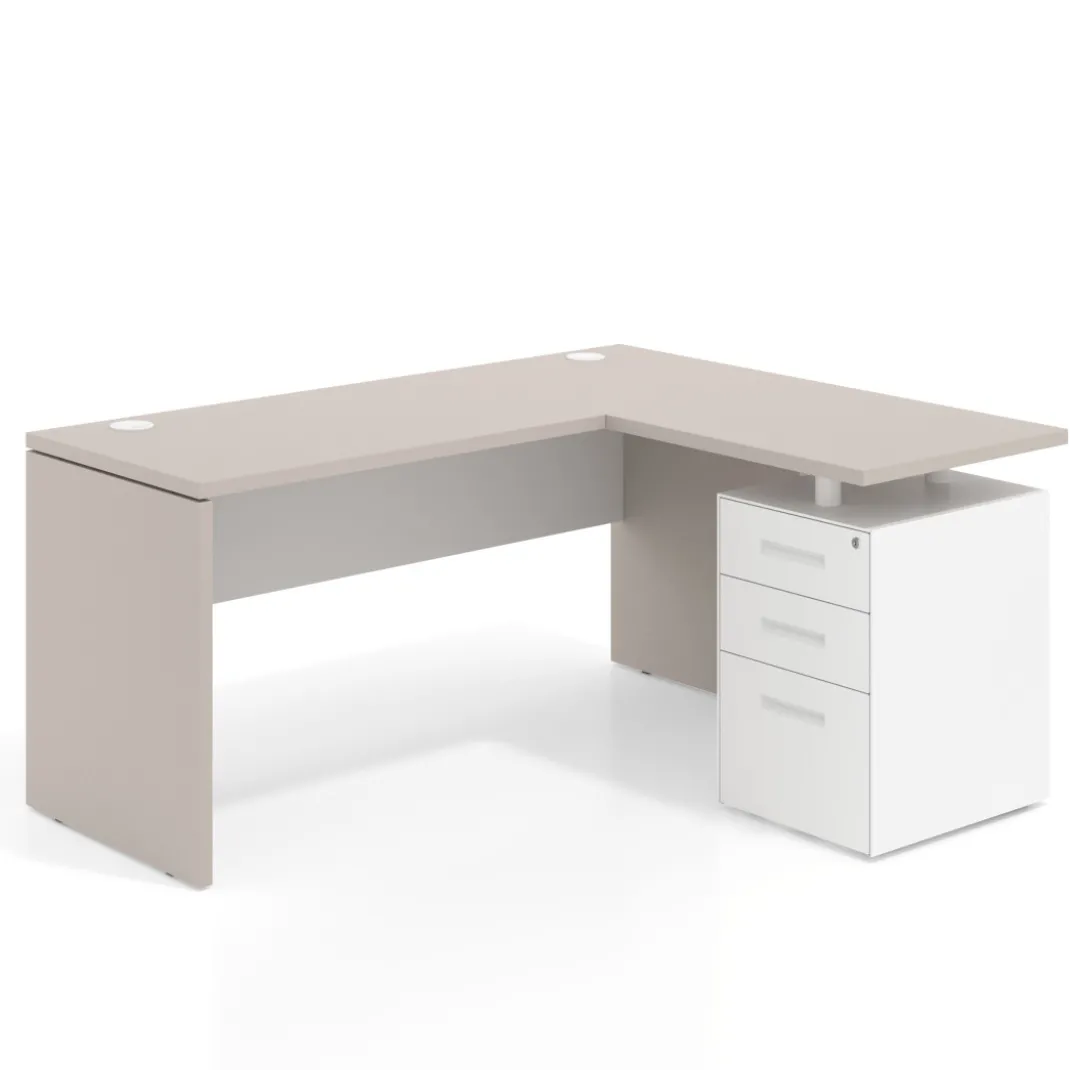 Mesa de Escritorio con cajones en L Work Plus, ala corta, fondo 60, frontales de metal diseño bicolor