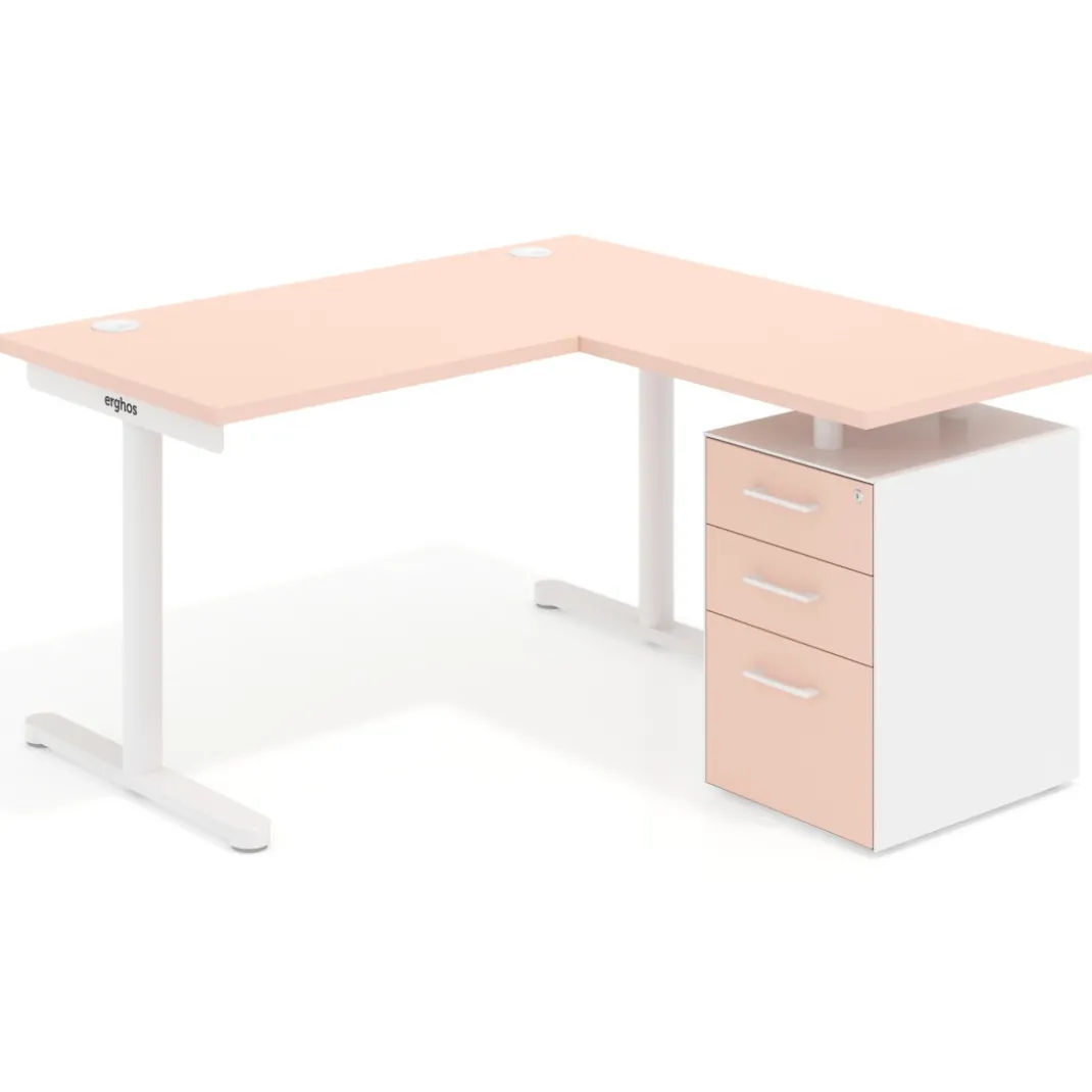 Mesa de Escritorio con cajones, fondo 68cm, estructura blanca, ala corta, pedestal melamina