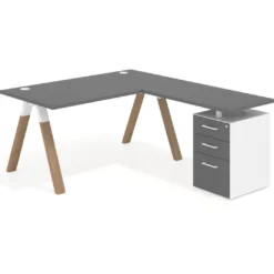 Mesa de escritorio en L con cajones UvePro, estructura blanca/madera, ala pedestal melamina