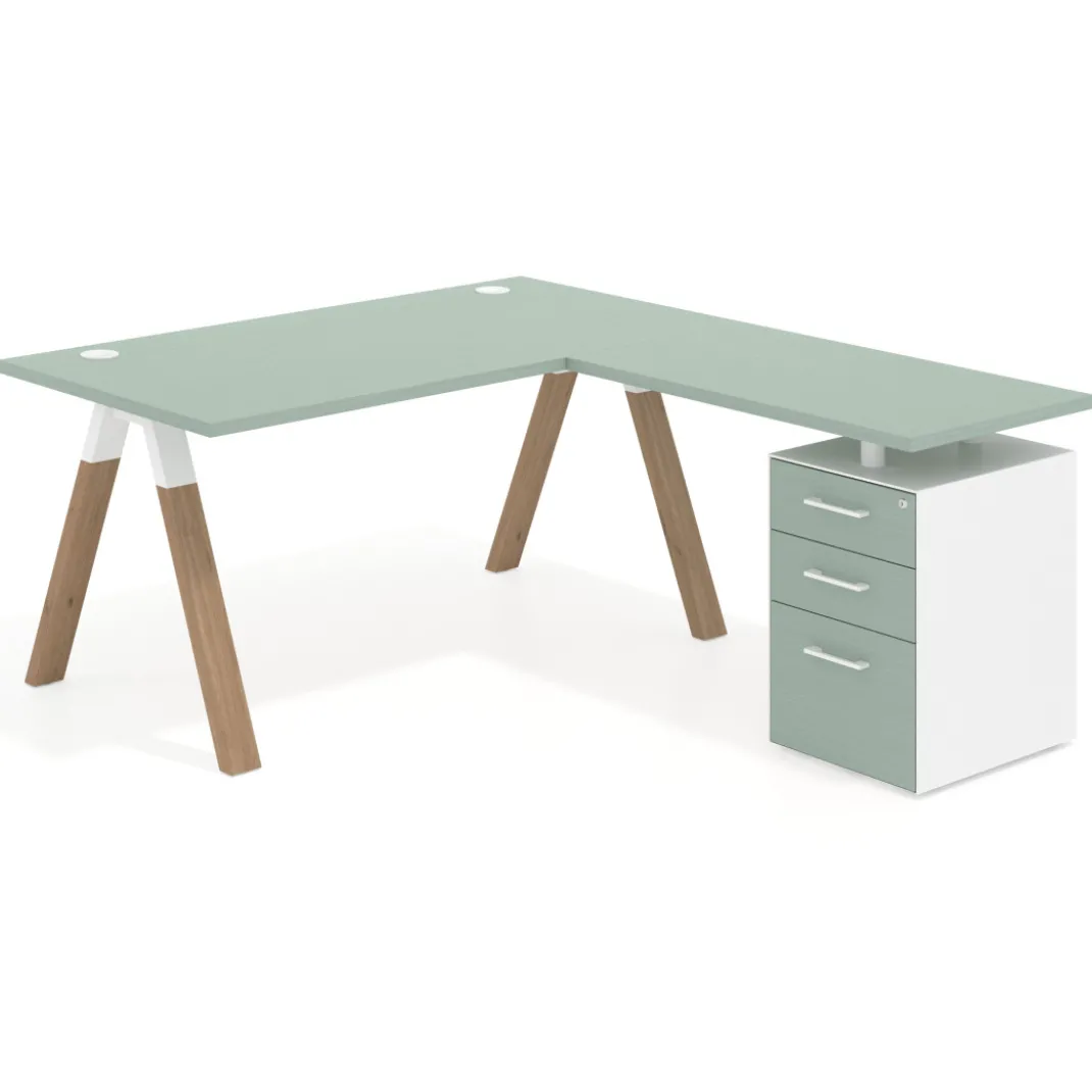 Mesa de escritorio en L con cajones UvePro, estructura blanca/madera, ala pedestal melamina