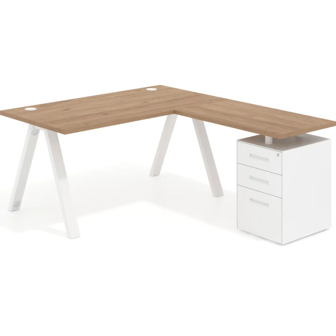 Mesa de escritorio en L con cajones UvePro, estructura blanca, ala pedestal metal