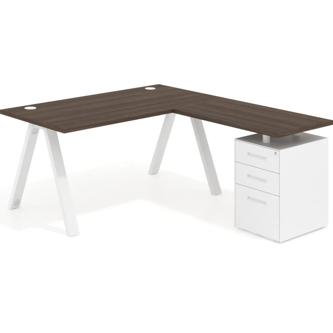 Mesa de escritorio en L con cajones UvePro, estructura blanca, ala pedestal metal