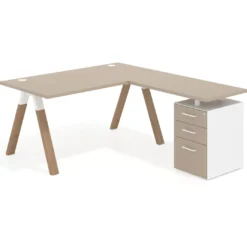 Mesa de escritorio en L con cajones UvePro, estructura blanca/madera, ala pedestal melamina