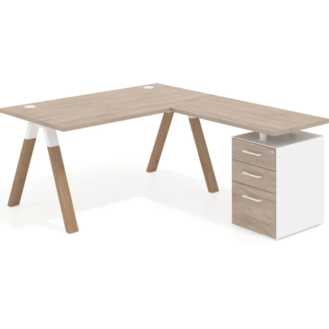 Mesa de escritorio en L con cajones UvePro, estructura blanca/madera, ala pedestal melamina