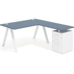 Mesa de escritorio en L con cajones UvePro, estructura blanca, ala pedestal metal