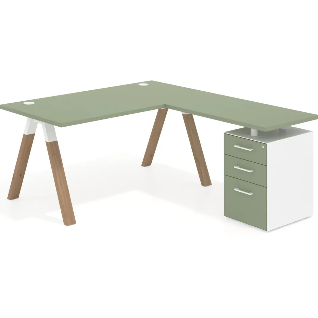 Mesa de escritorio en L con cajones UvePro, estructura blanca, ala pedestal metal
