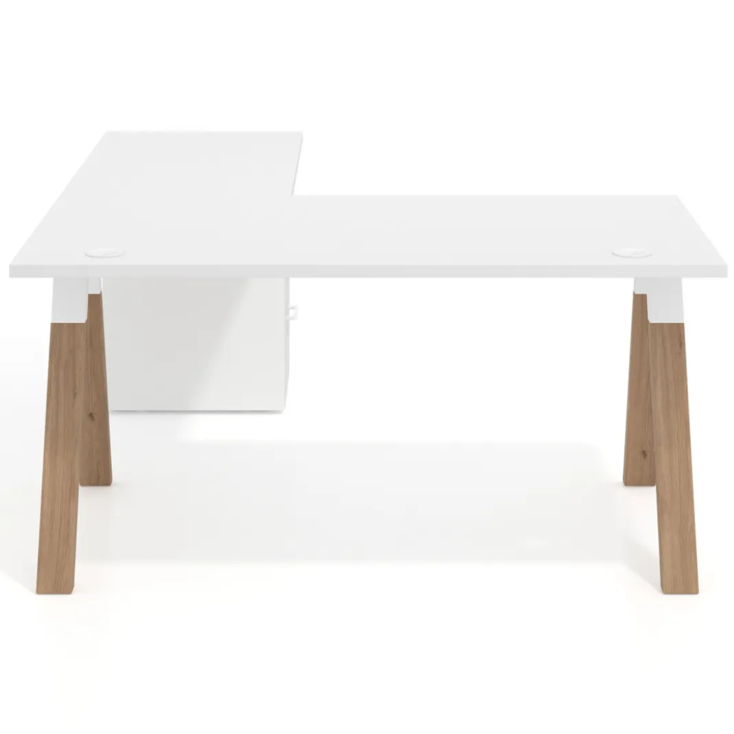 Mesa de escritorio en L con cajones UvePro, estructura blanca, ala pedestal metal