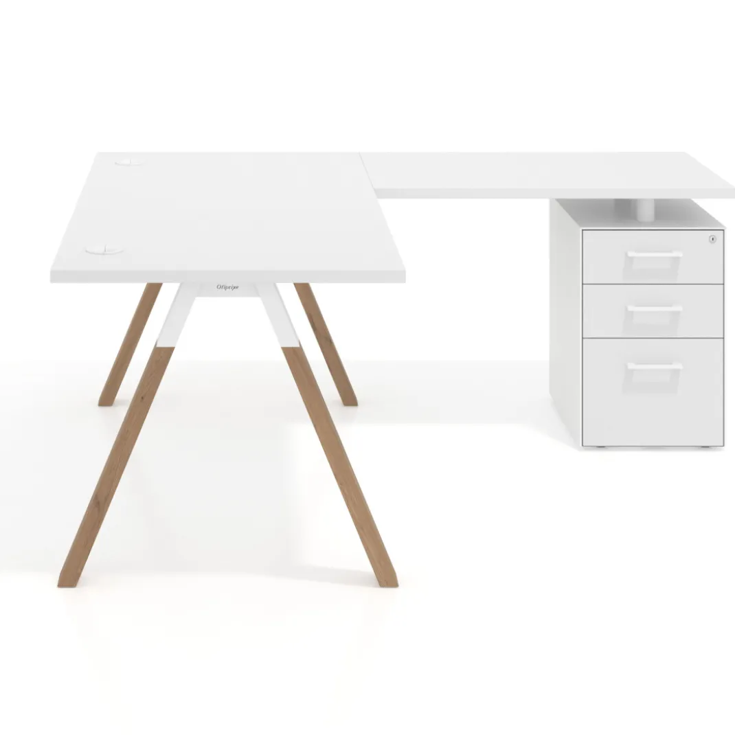 Mesa de escritorio en L con cajones UvePro, estructura blanca, ala pedestal metal