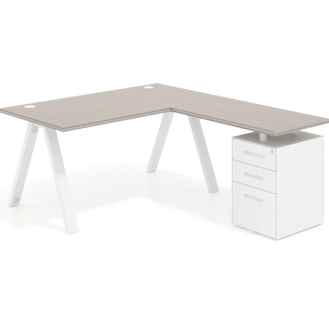 Mesa de escritorio en L con cajones UvePro, estructura blanca, ala pedestal metal
