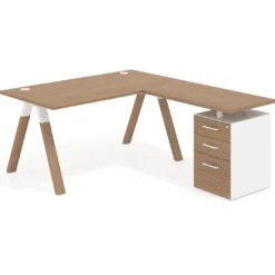 Mesa de escritorio en L con cajones UvePro, estructura blanca/madera, ala pedestal melamina