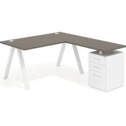 Mesa de escritorio en L con cajones UvePro, estructura blanca, ala pedestal metal