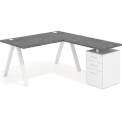 Mesa de escritorio en L con cajones UvePro, estructura blanca, ala pedestal metal
