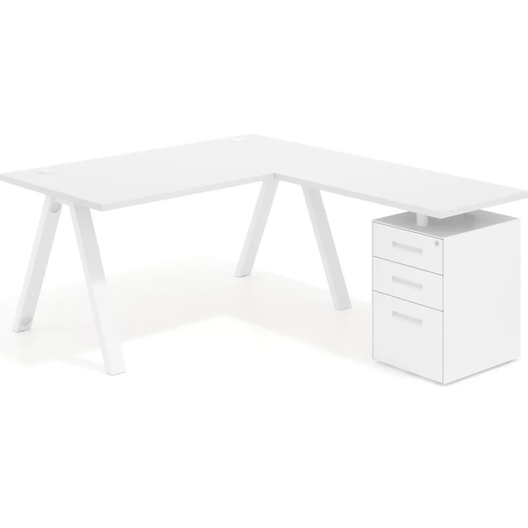 Mesa de escritorio en L con cajones UvePro, estructura blanca, ala pedestal metal