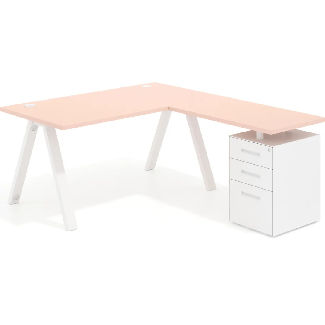 Mesa de escritorio en L con cajones UvePro, estructura blanca, ala pedestal metal