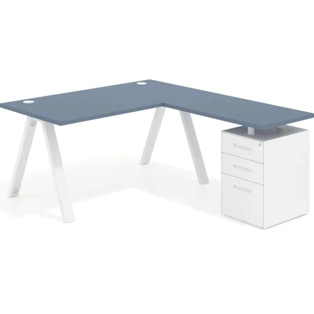 Mesa de escritorio en L con cajones UvePro, estructura blanca, ala pedestal metal