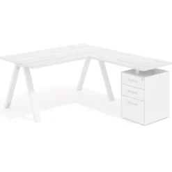 Mesa de escritorio en L con cajones UvePro, estructura blanca, ala pedestal metal