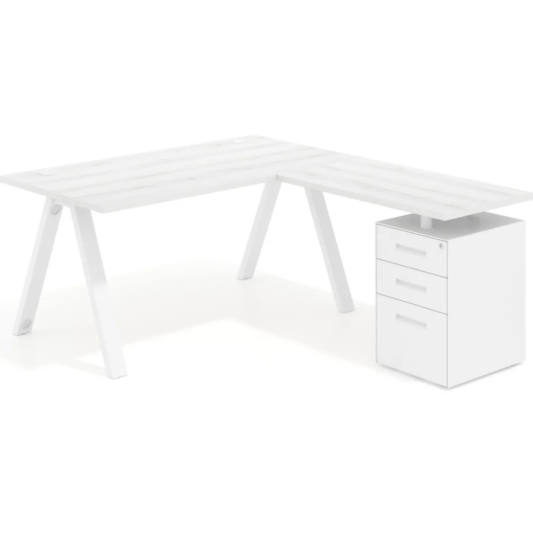 Mesa de escritorio en L con cajones UvePro, estructura blanca, ala pedestal metal