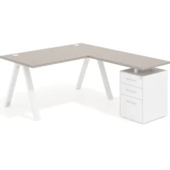 Mesa de escritorio en L con cajones UvePro, estructura blanca, ala pedestal metal